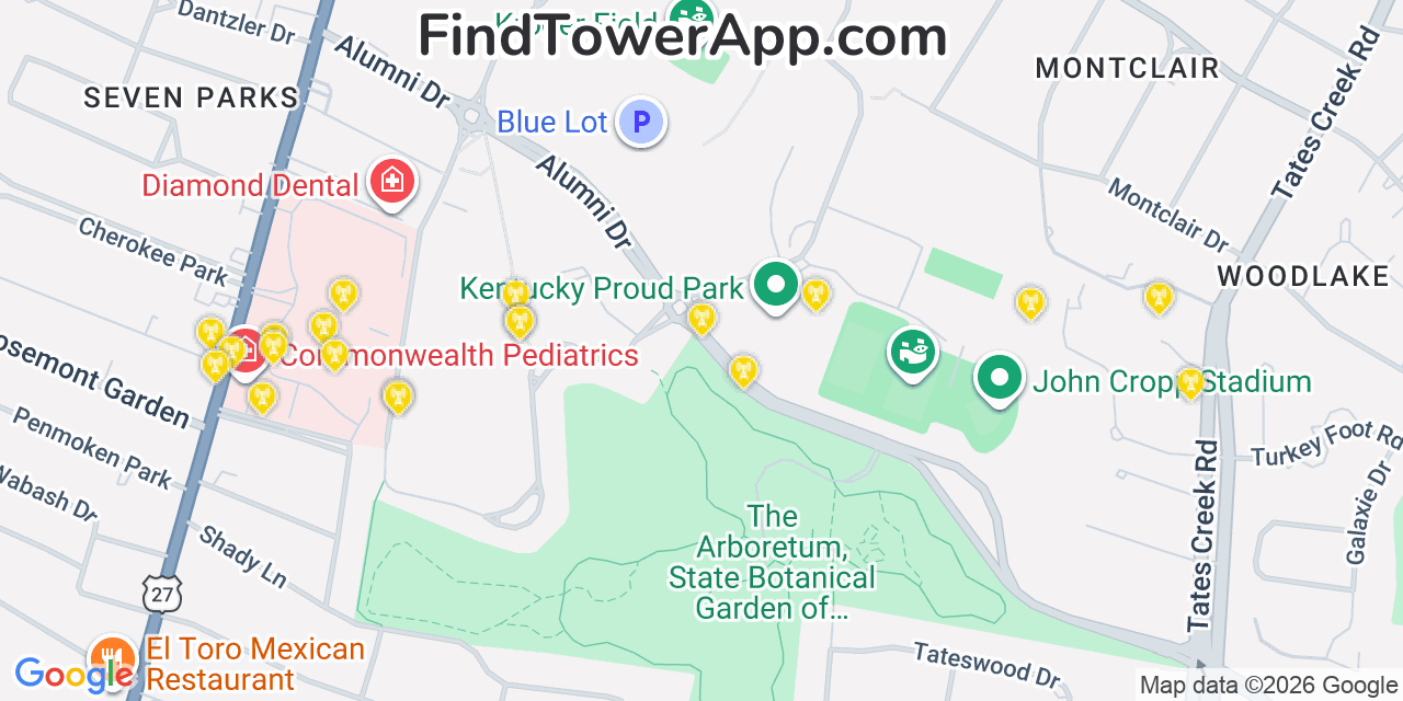 Map showing the 20 primary cell tower locations detected in Lexington Fayette, Kentucky from AT&T, Verizon, and T-Mobile networks
