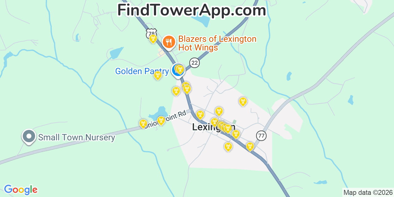 Map showing the 20 primary cell tower locations detected in Lexington, Georgia from AT&T, Verizon, and T-Mobile networks