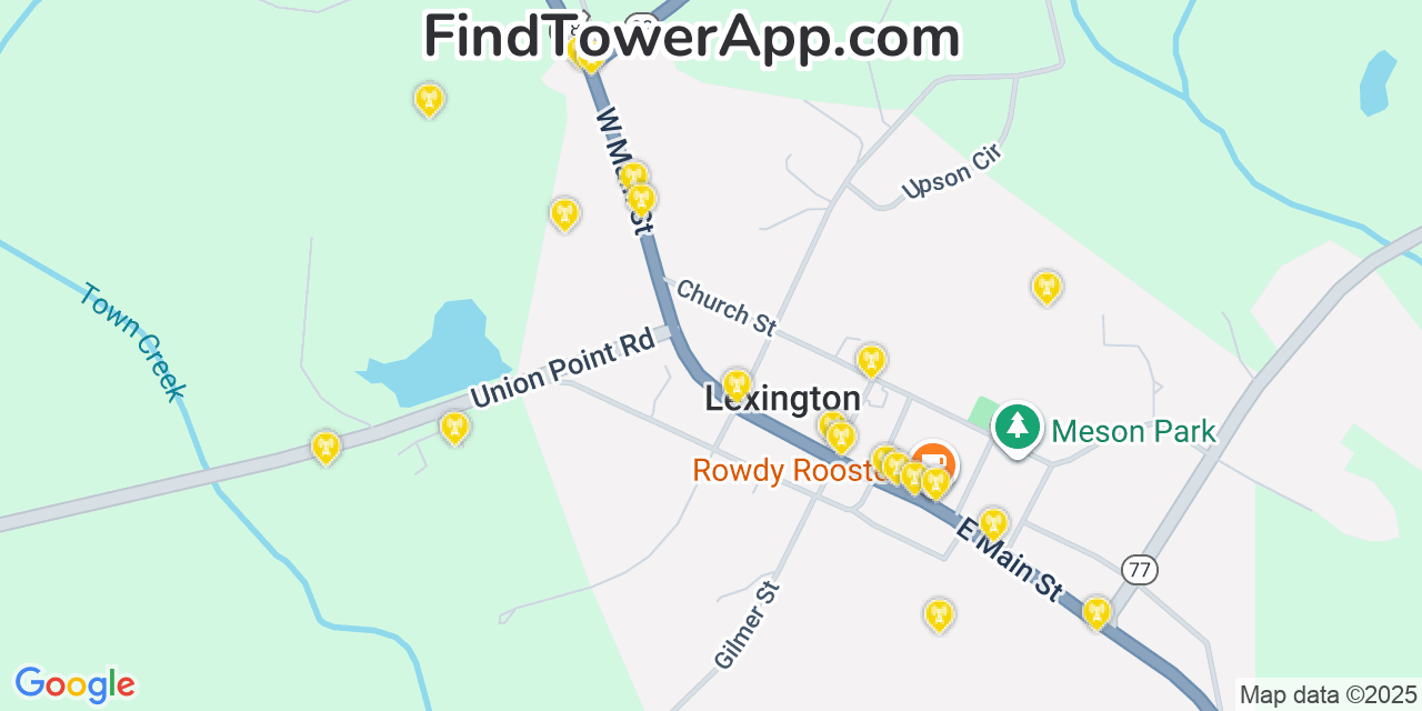 Map showing the 20 primary Mobitel cell tower locations detected in Lexington, Georgia with coverage radius and signal strength indicators