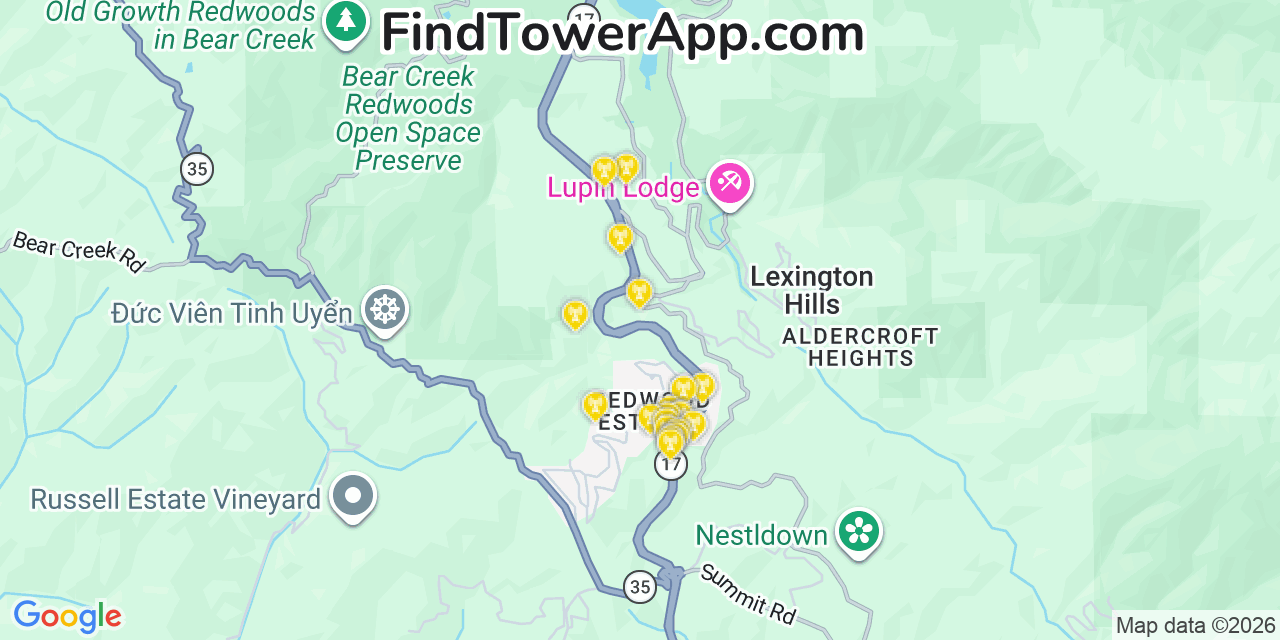 Map showing the 20 primary cell tower locations detected in Lexington Hills, California from AT&T, Verizon, and T-Mobile networks