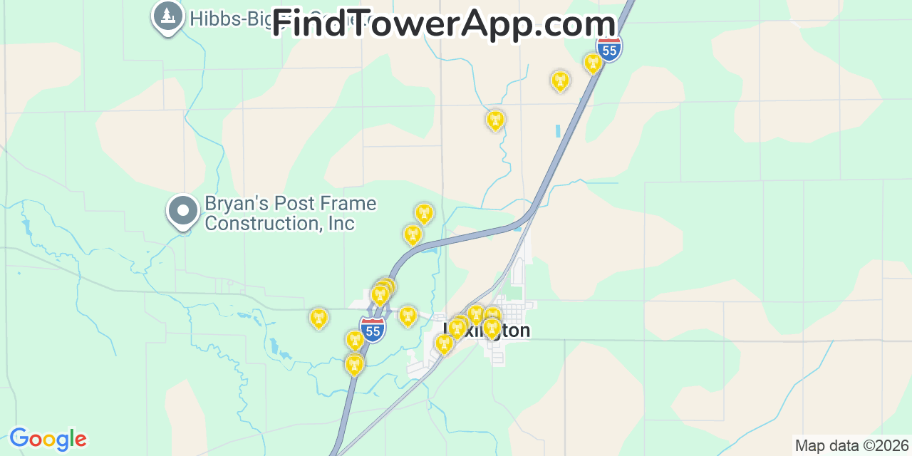 Map showing the 20 primary cell tower locations detected in Lexington, Illinois from AT&T, Verizon, and T-Mobile networks