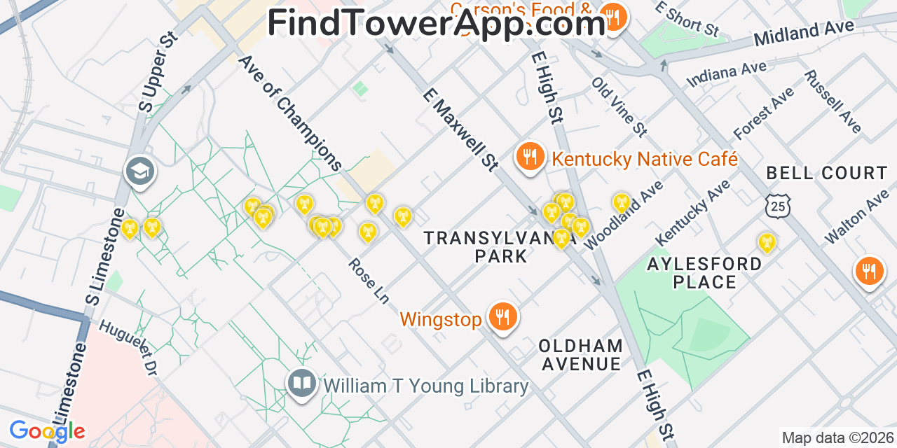 Map showing the 20 primary cell tower locations detected in Lexington, Kentucky from AT&T, Verizon, and T-Mobile networks