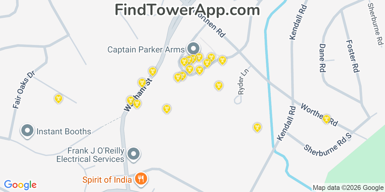 Map showing the 20 primary cell tower locations detected in Lexington, Massachusetts from AT&T, Verizon, and T-Mobile networks