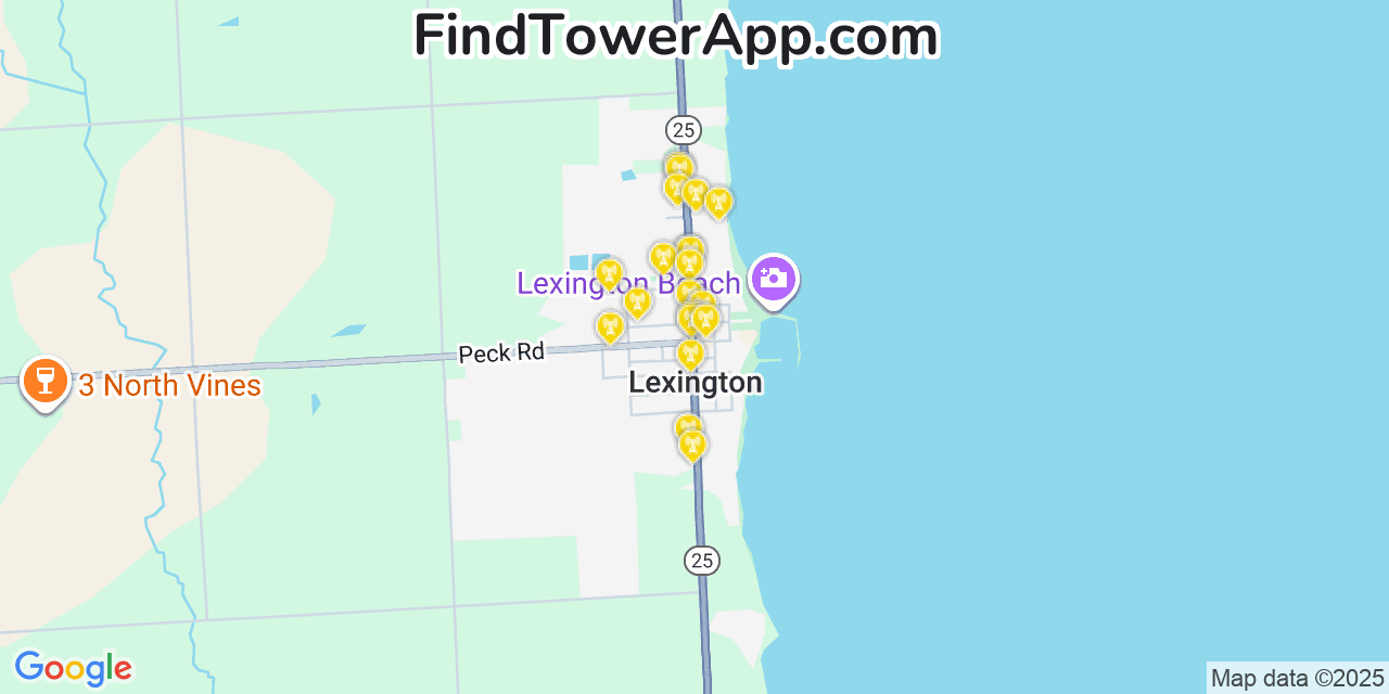 Map showing the 20 primary cell tower locations detected in Lexington, Michigan from AT&T, Verizon, and T-Mobile networks