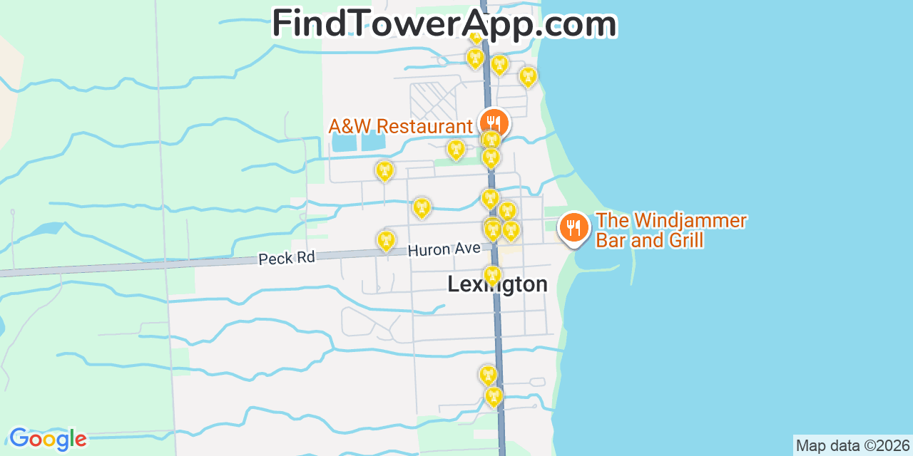 Map showing the 20 primary cell tower locations detected in Lexington, Michigan from AT&T, Verizon, and T-Mobile networks