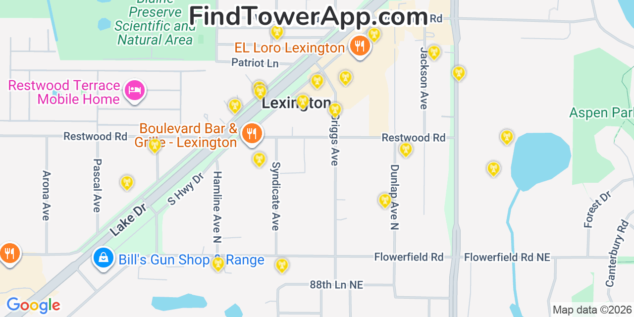 Map showing the 20 primary cell tower locations detected in Lexington, Minnesota from AT&T, Verizon, and T-Mobile networks