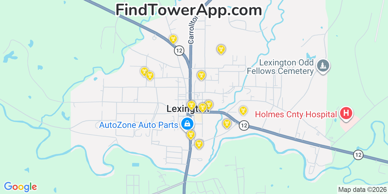 Map showing the 20 primary cell tower locations detected in Lexington, Mississippi from AT&T, Verizon, and T-Mobile networks