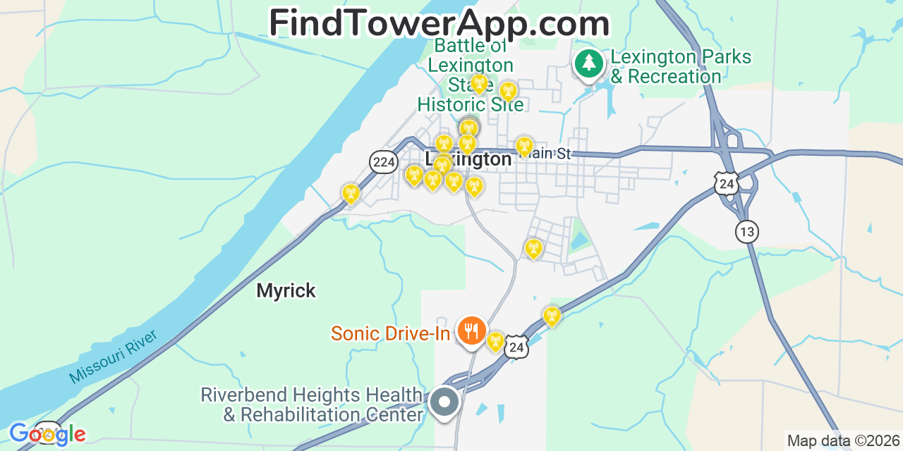 Map showing the 20 primary cell tower locations detected in Lexington, Missouri from AT&T, Verizon, and T-Mobile networks