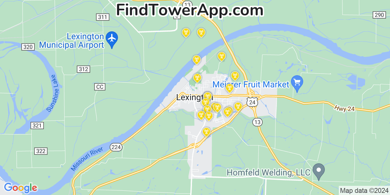 Verizon 4G/5G cell tower coverage map Lexington, Missouri