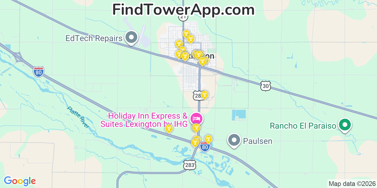 Map showing the 20 primary cell tower locations detected in Lexington, Nebraska from AT&T, Verizon, and T-Mobile networks