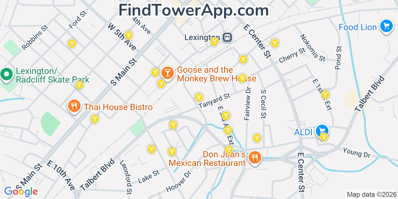 Map showing the 20 primary cell tower locations detected in Lexington, North Carolina from AT&T, Verizon, and T-Mobile networks