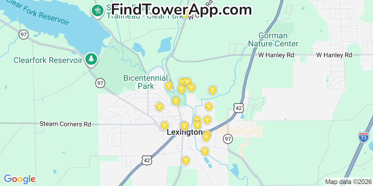 Map showing the 20 primary cell tower locations detected in Lexington, Ohio from AT&T, Verizon, and T-Mobile networks