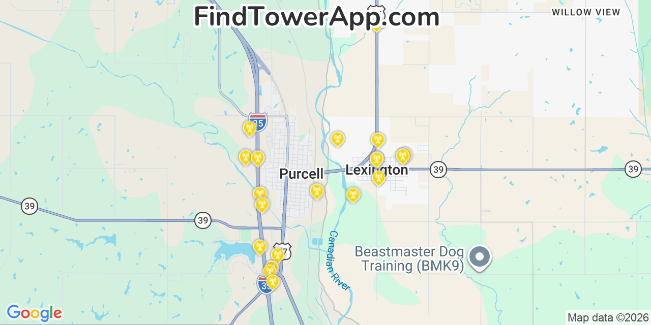 Map showing the 20 primary cell tower locations detected in Lexington, Oklahoma from AT&T, Verizon, and T-Mobile networks