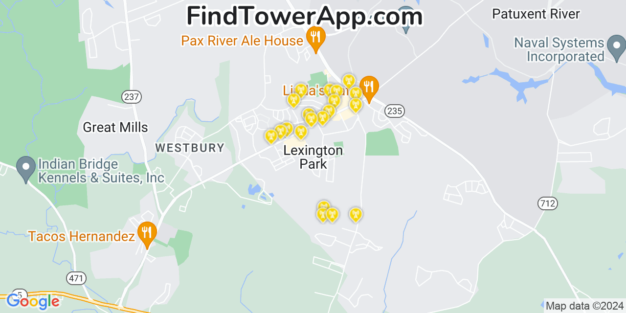 AT&T 4G/5G cell tower coverage map Lexington Park, Maryland