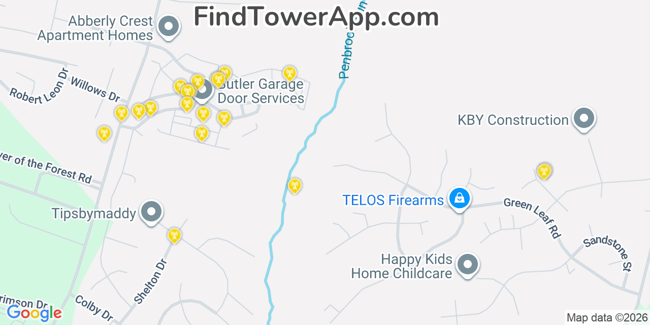 Map showing the 20 primary cell tower locations detected in Lexington Park, Maryland from AT&T, Verizon, and T-Mobile networks
