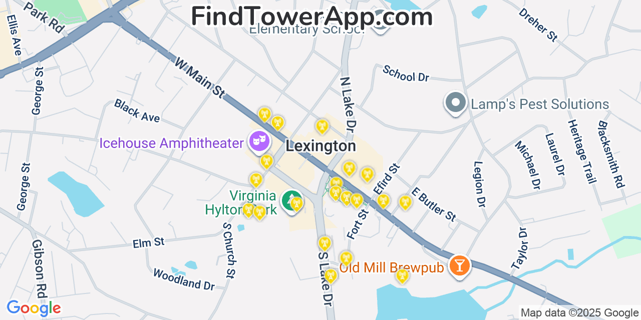 Map showing the 20 primary cell tower locations detected in Lexington, South Carolina from AT&T, Verizon, and T-Mobile networks