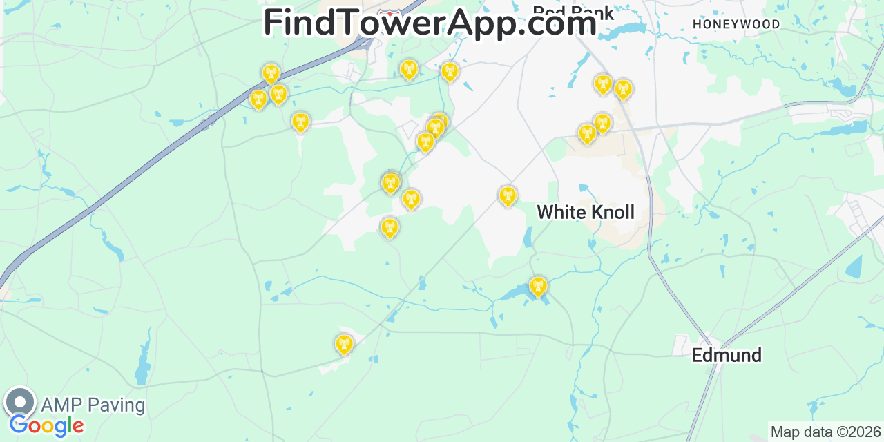 Map showing the 20 primary cell tower locations detected in Lexington, South Carolina from AT&T, Verizon, and T-Mobile networks