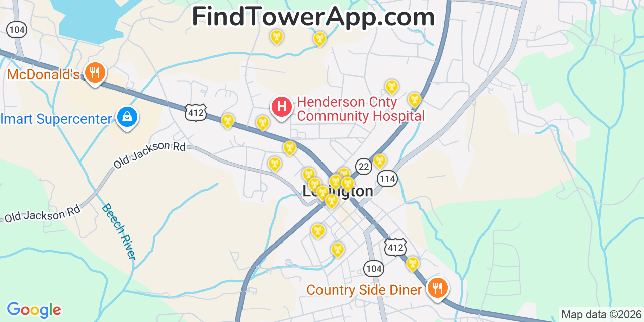 Map showing the 20 primary cell tower locations detected in Lexington, Tennessee from AT&T, Verizon, and T-Mobile networks