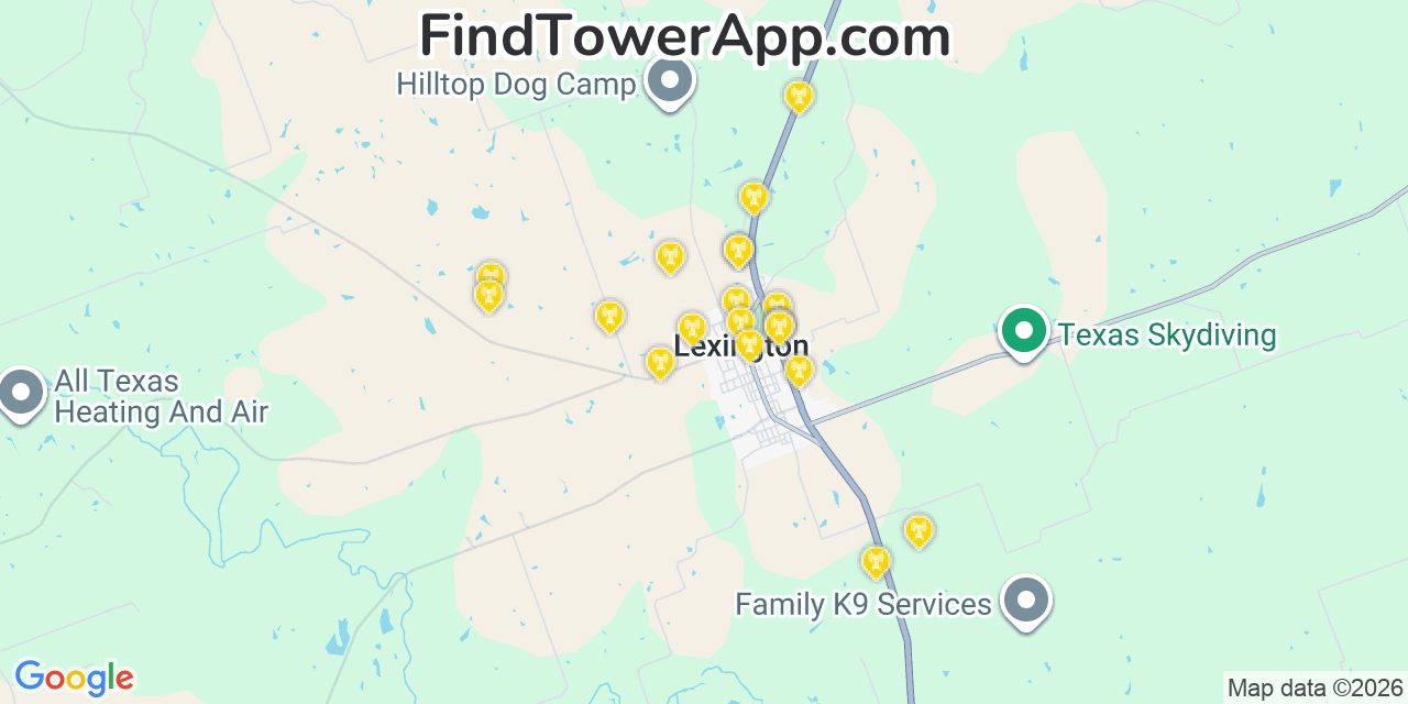 Map showing the 20 primary cell tower locations detected in Lexington, Texas from AT&T, Verizon, and T-Mobile networks