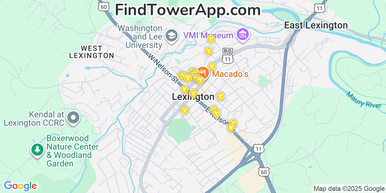 Map showing the 20 primary cell tower locations detected in Lexington, Virginia from AT&T, Verizon, and T-Mobile networks
