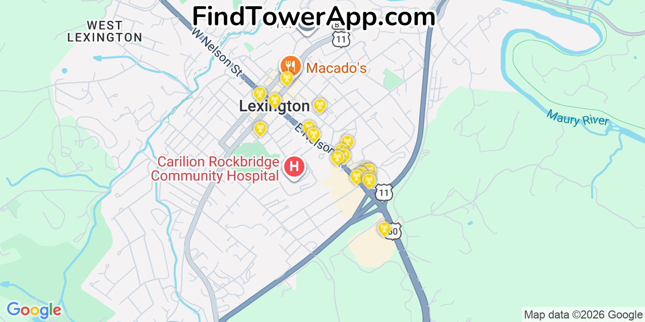 Map showing the 20 primary cell tower locations detected in Lexington, Virginia from AT&T, Verizon, and T-Mobile networks