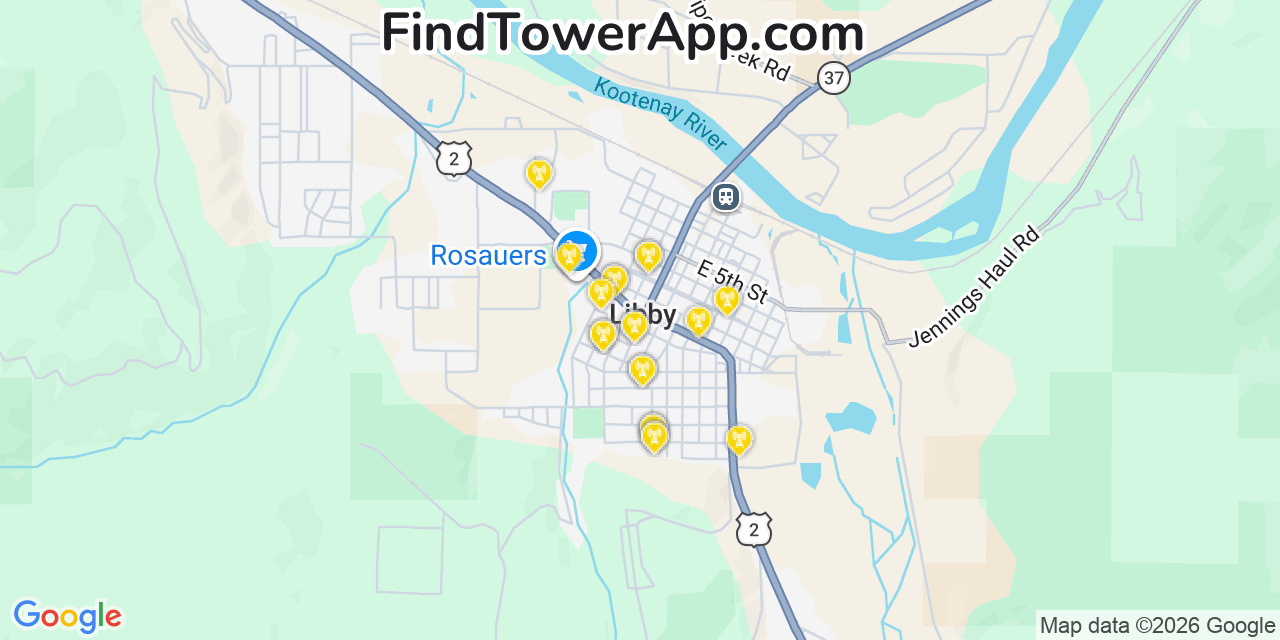Map showing the 20 primary cell tower locations detected in Libby, Montana from AT&T, Verizon, and T-Mobile networks