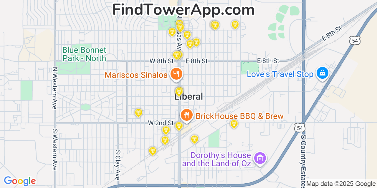 Map showing the 20 primary cell tower locations detected in Liberal, Kansas from AT&T, Verizon, and T-Mobile networks