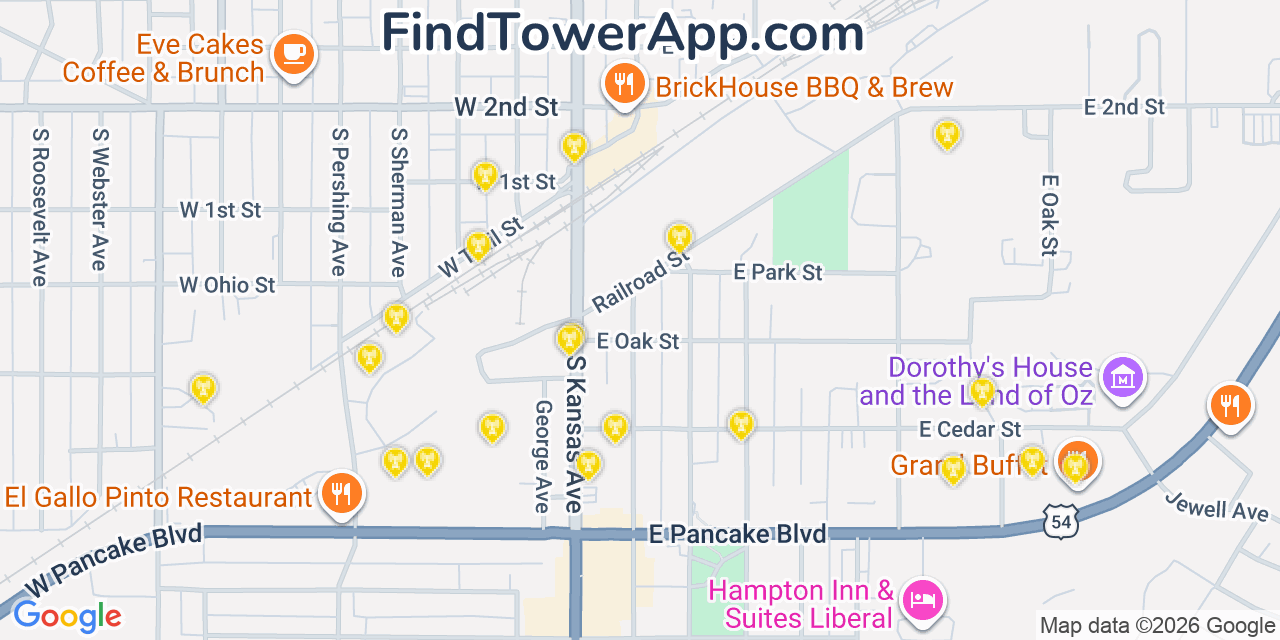 Map showing the 20 primary cell tower locations detected in Liberal, Kansas from AT&T, Verizon, and T-Mobile networks