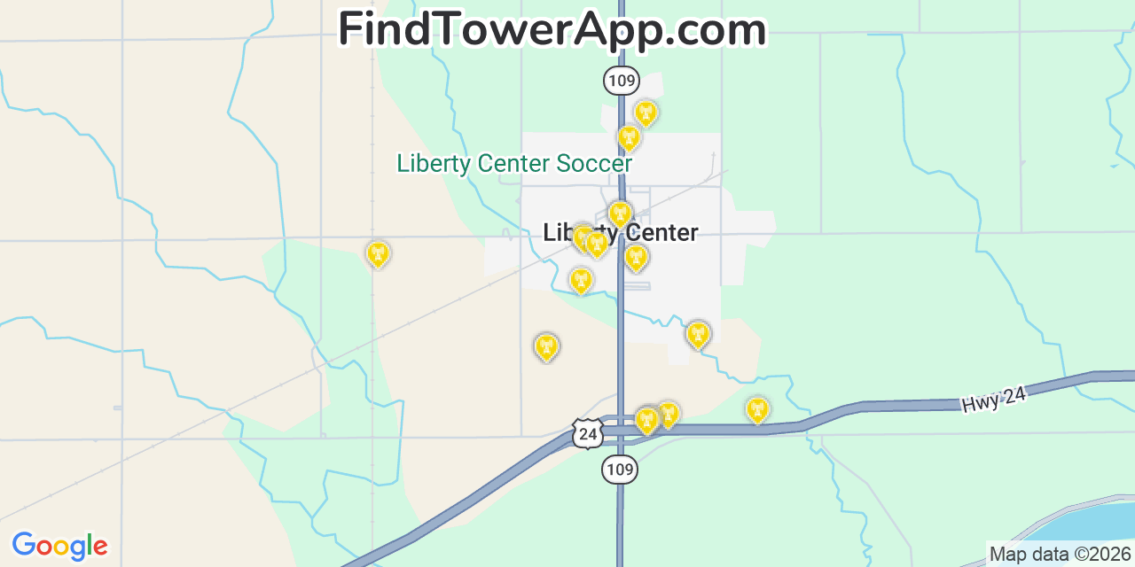 Map showing the 20 primary cell tower locations detected in Liberty Center, Ohio from AT&T, Verizon, and T-Mobile networks