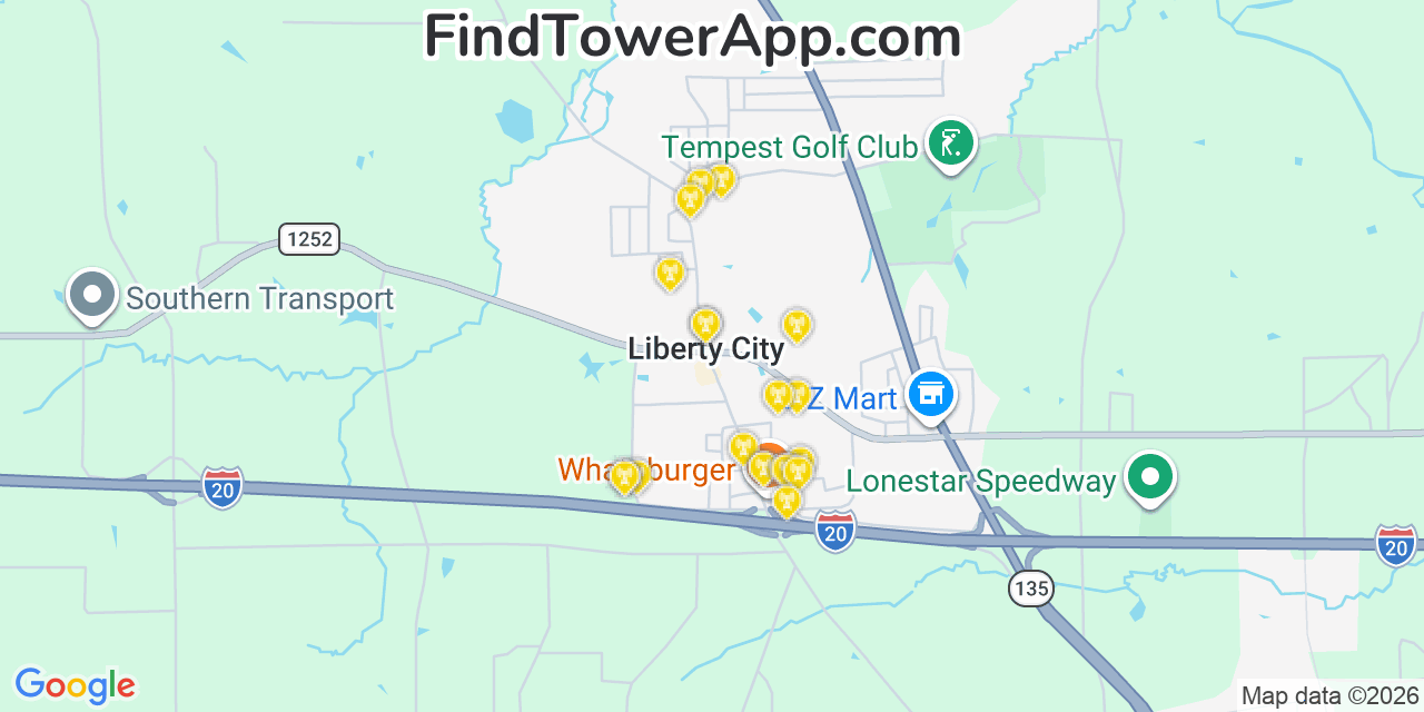 Map showing the 20 primary cell tower locations detected in Liberty City, Texas from AT&T, Verizon, and T-Mobile networks