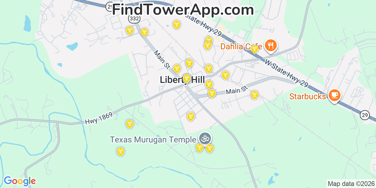 Map showing the 20 primary cell tower locations detected in Liberty Hill, Texas from AT&T, Verizon, and T-Mobile networks