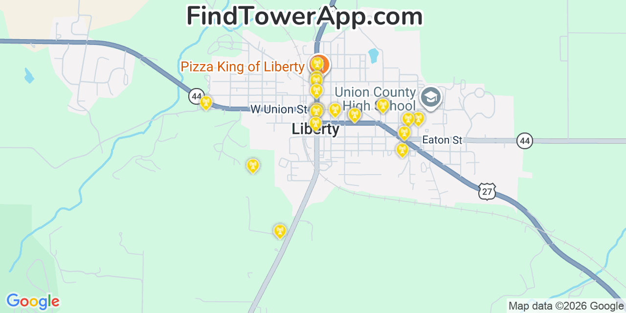 Map showing the 20 primary cell tower locations detected in Liberty, Indiana from AT&T, Verizon, and T-Mobile networks