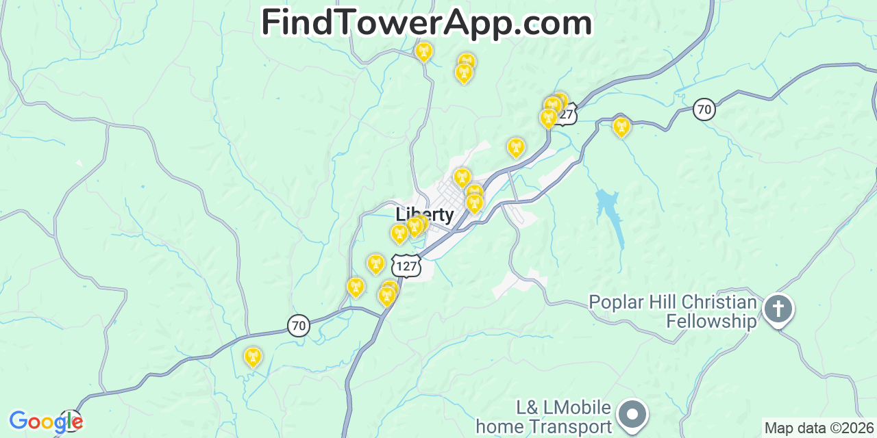 Map showing the 20 primary cell tower locations detected in Liberty, Kentucky from AT&T, Verizon, and T-Mobile networks