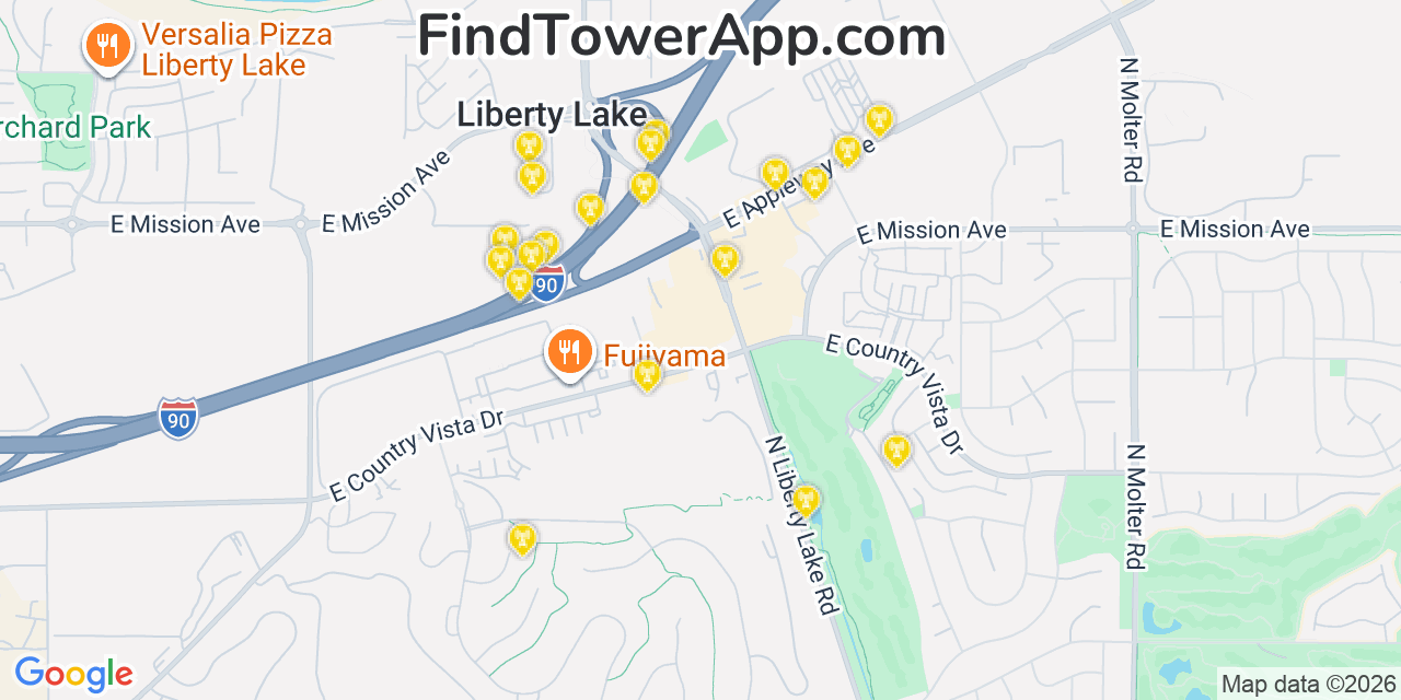 Map showing the 20 primary cell tower locations detected in Liberty Lake, Washington from AT&T, Verizon, and T-Mobile networks