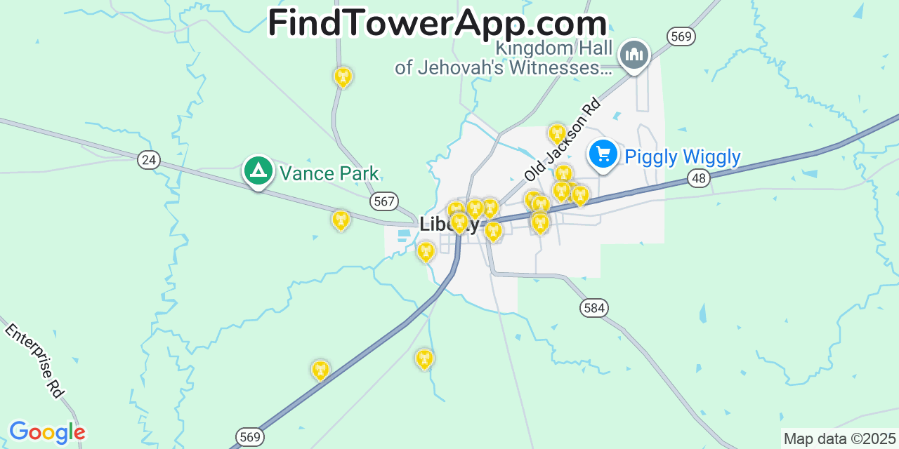 Map showing the 20 primary cell tower locations detected in Liberty, Mississippi from AT&T, Verizon, and T-Mobile networks