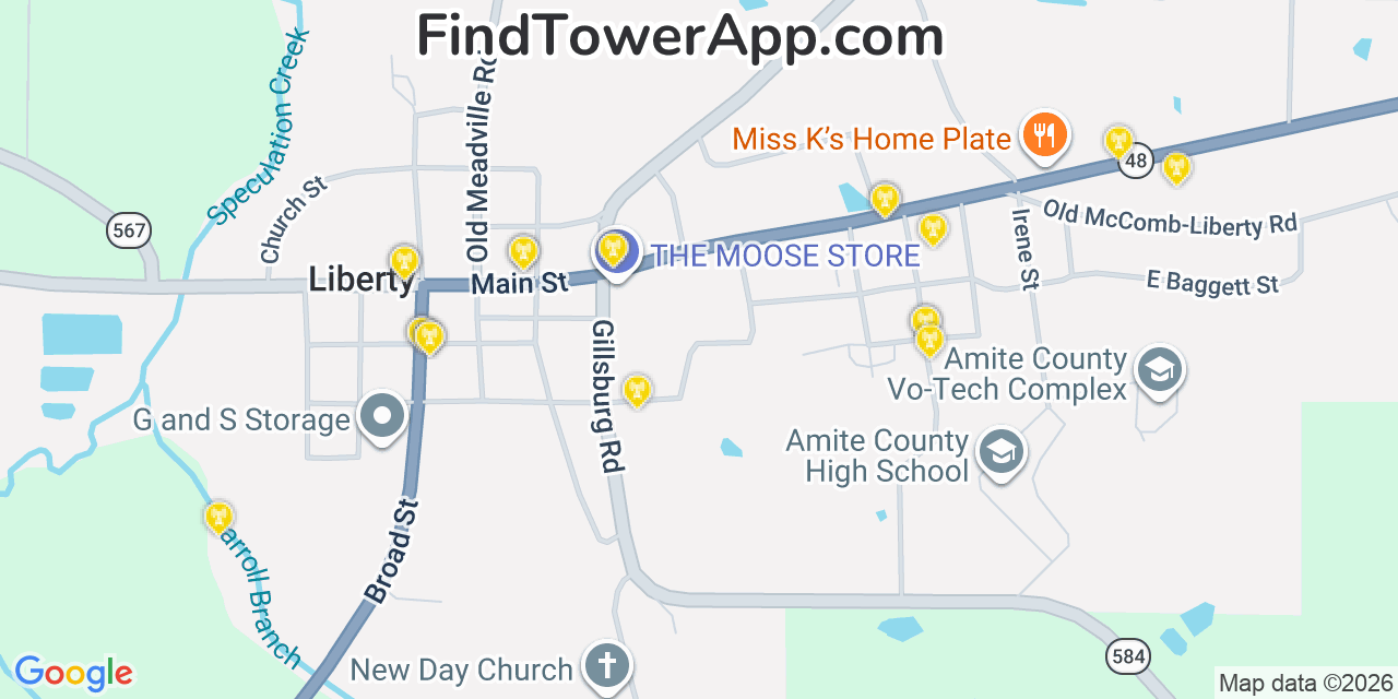 Map showing the 20 primary cell tower locations detected in Liberty, Mississippi from AT&T, Verizon, and T-Mobile networks