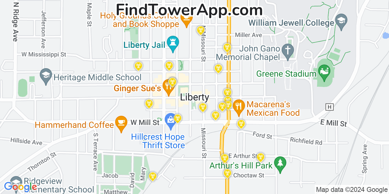 AT&T 4G/5G cell tower coverage map Liberty, Missouri