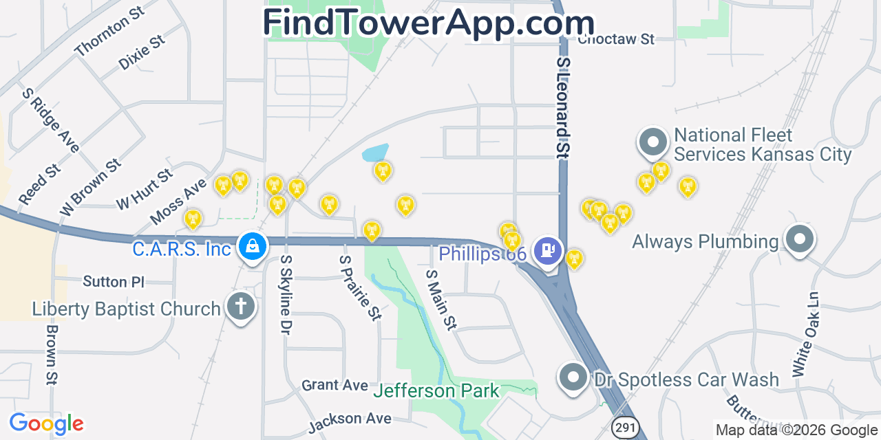Map showing the 20 primary cell tower locations detected in Liberty, Missouri from AT&T, Verizon, and T-Mobile networks