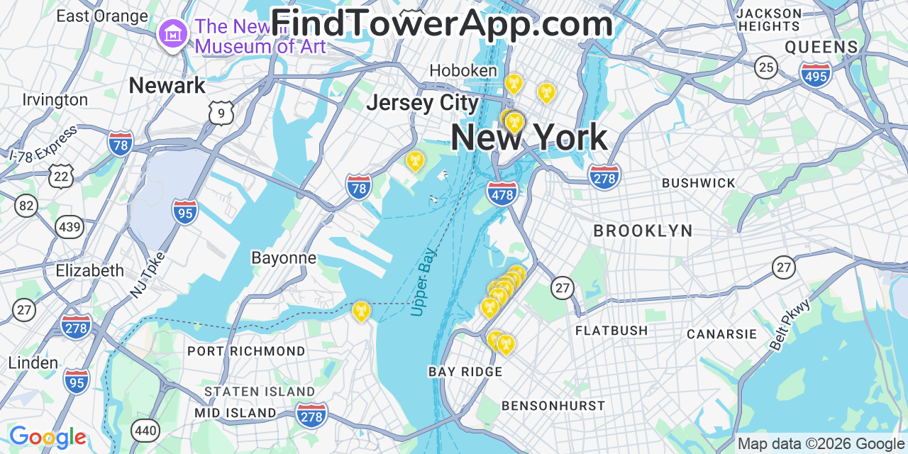 Map showing the 20 primary cell tower locations detected in Liberty, New York from AT&T, Verizon, and T-Mobile networks