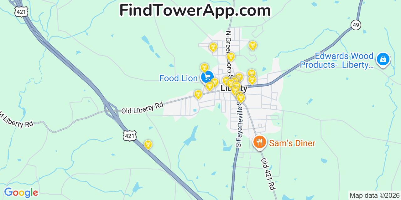 Map showing the 20 primary cell tower locations detected in Liberty, North Carolina from AT&T, Verizon, and T-Mobile networks