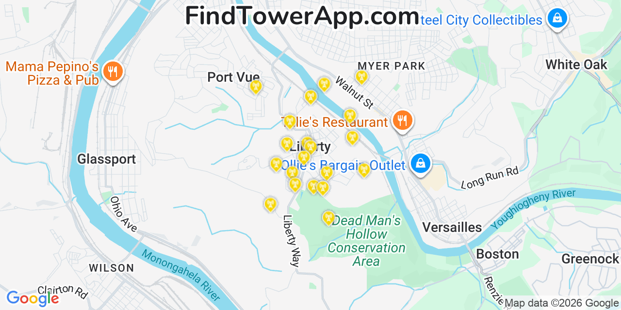 Map showing the 20 primary cell tower locations detected in Liberty, Pennsylvania from AT&T, Verizon, and T-Mobile networks