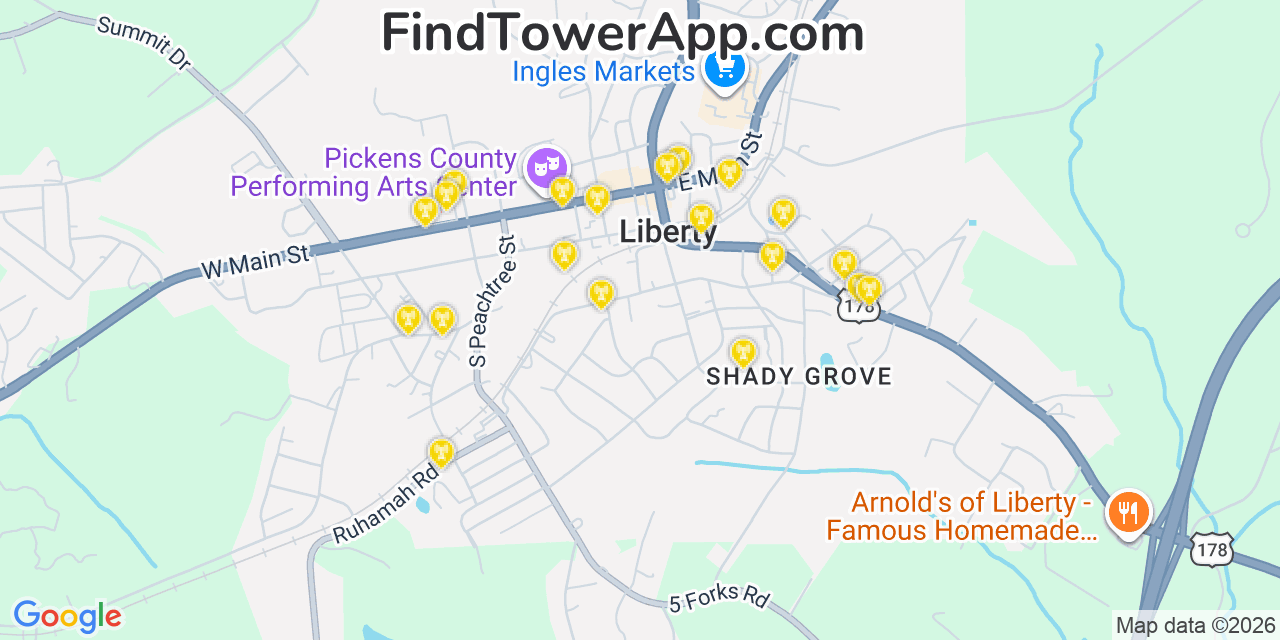 Map showing the 20 primary cell tower locations detected in Liberty, South Carolina from AT&T, Verizon, and T-Mobile networks