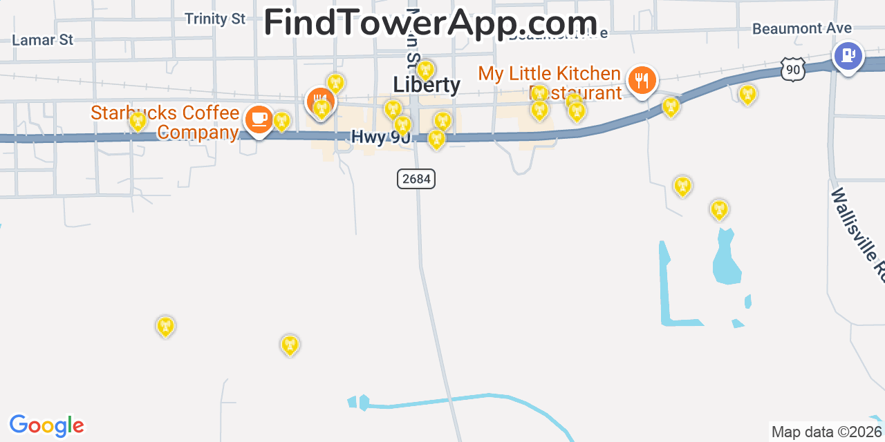 Map showing the 20 primary cell tower locations detected in Liberty, Texas from AT&T, Verizon, and T-Mobile networks