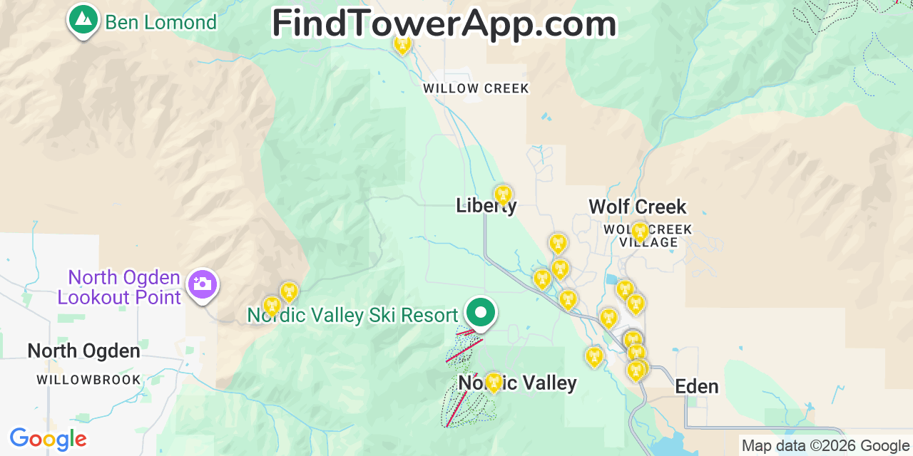 Map showing the 20 primary cell tower locations detected in Liberty, Utah from AT&T, Verizon, and T-Mobile networks
