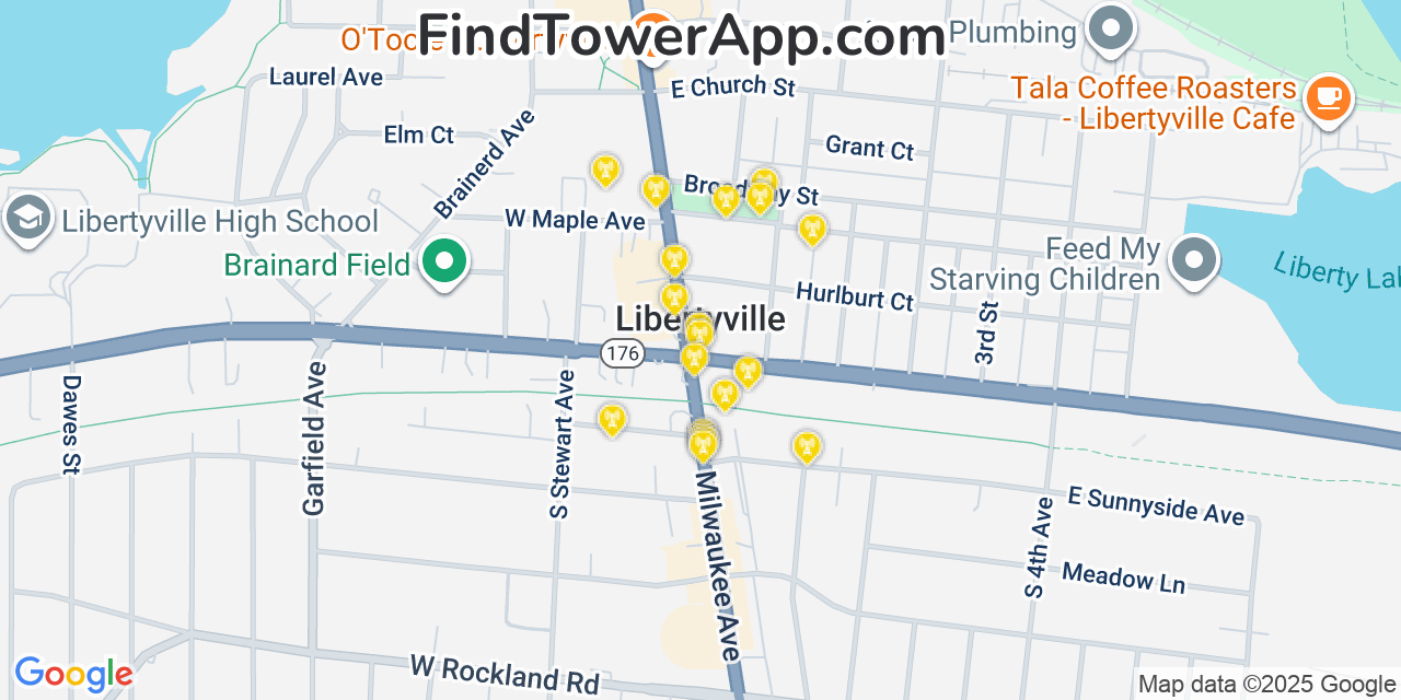 Map showing the 20 primary cell tower locations detected in Libertyville, Illinois from AT&T, Verizon, and T-Mobile networks