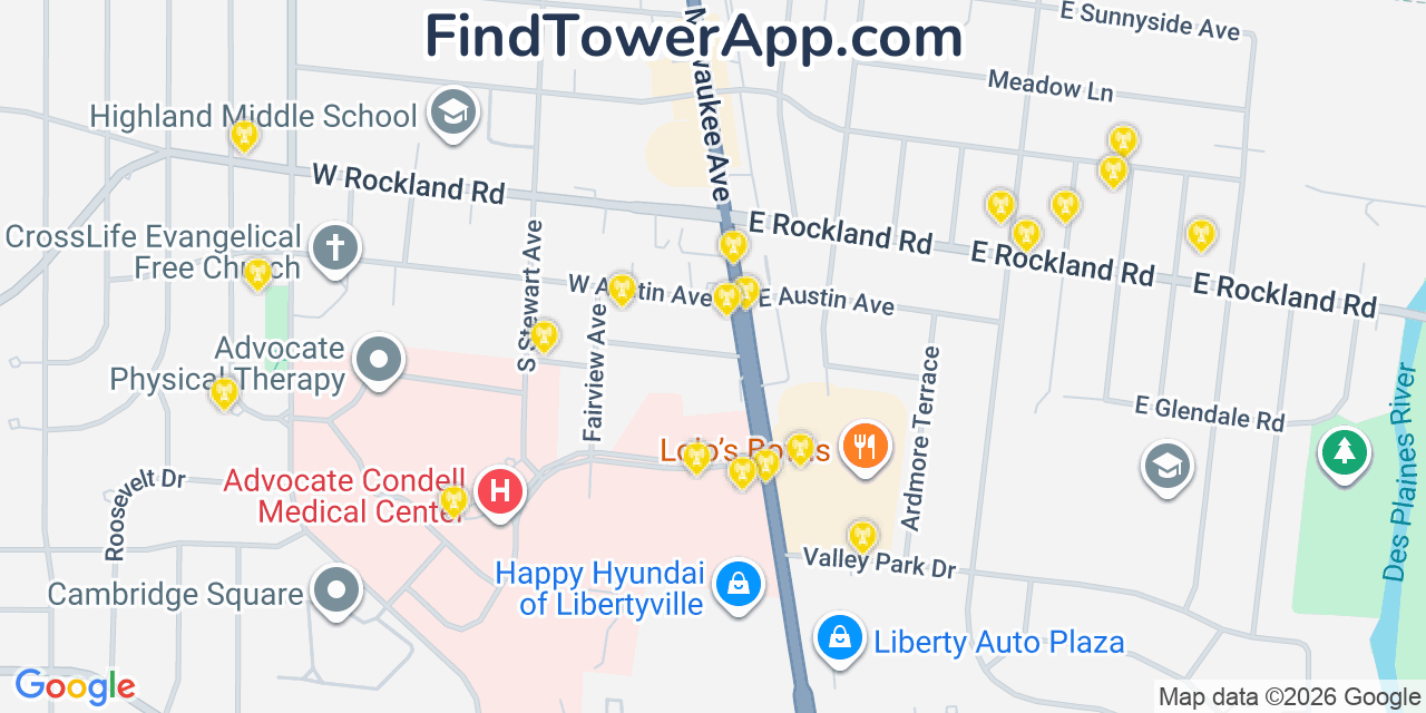 Map showing the 20 primary cell tower locations detected in Libertyville, Illinois from AT&T, Verizon, and T-Mobile networks
