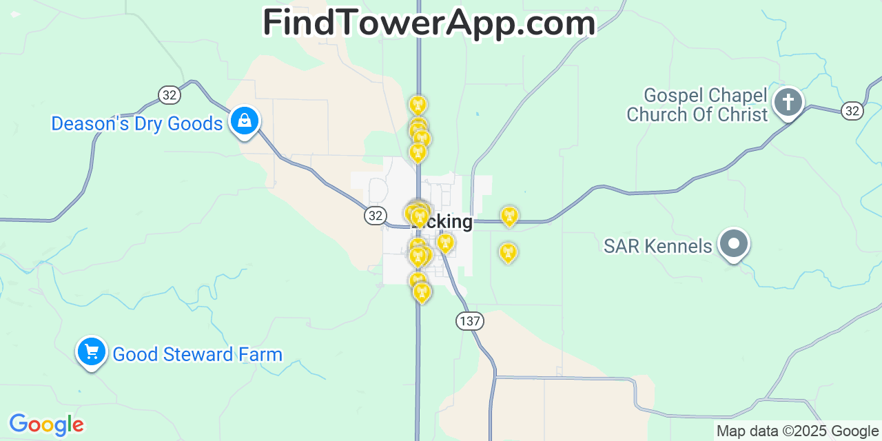 Map showing the 20 primary cell tower locations detected in Licking, Missouri from AT&T, Verizon, and T-Mobile networks