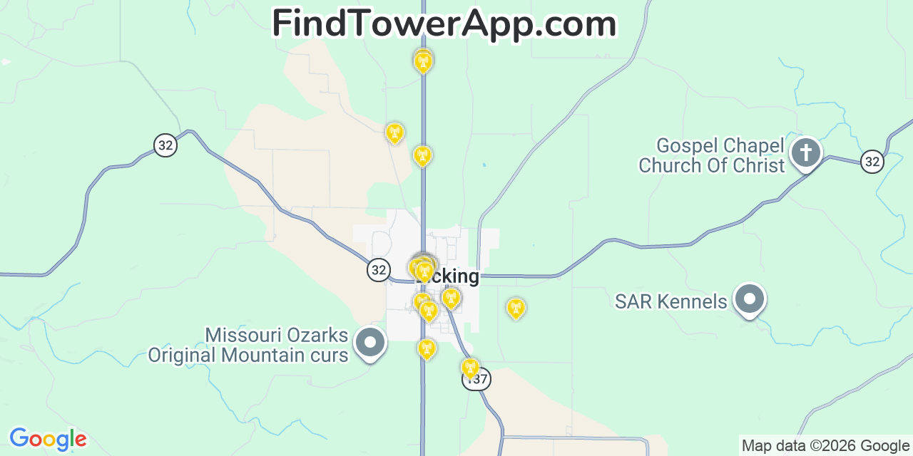 Map showing the 20 primary cell tower locations detected in Licking, Missouri from AT&T, Verizon, and T-Mobile networks