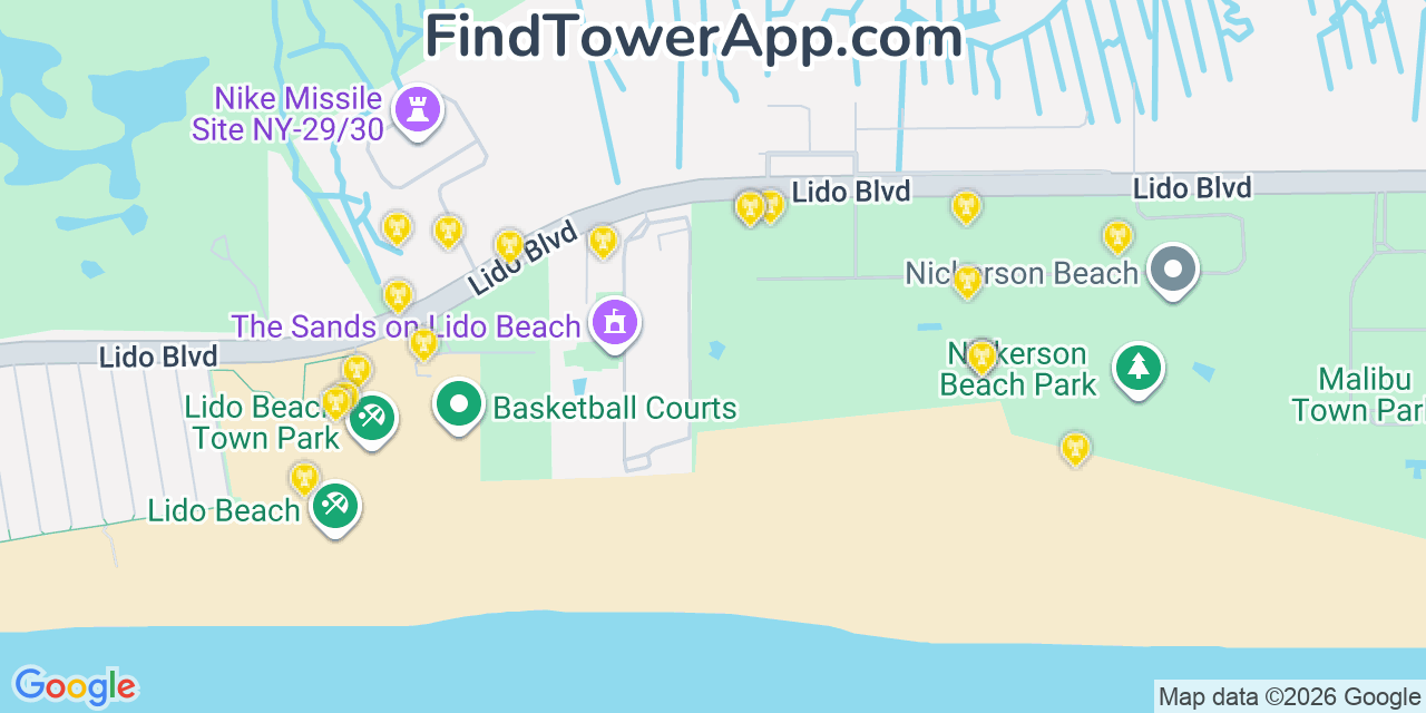 Map showing the 20 primary cell tower locations detected in Lido Beach, New York from AT&T, Verizon, and T-Mobile networks