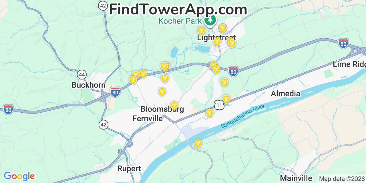 Map showing the 20 primary cell tower locations detected in Light Street, Pennsylvania from AT&T, Verizon, and T-Mobile networks